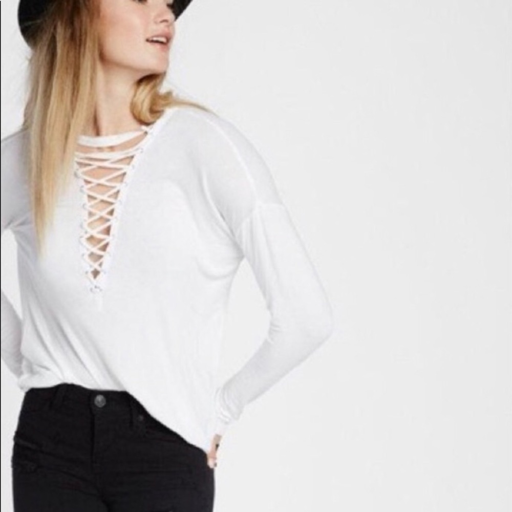 Express Lace Up White Long Sleeve Top